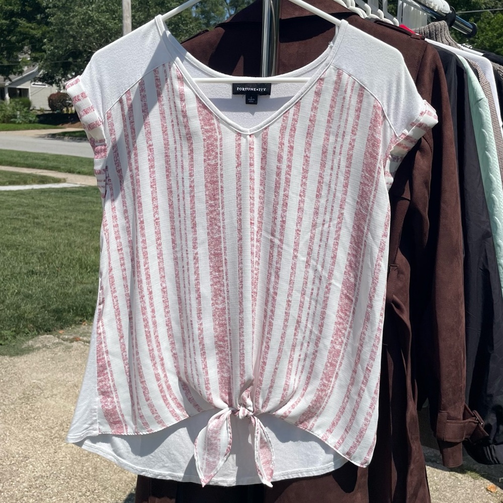 Fortune +Ivy Stitch Fix Clarese Tie Front Mixed Material Top
